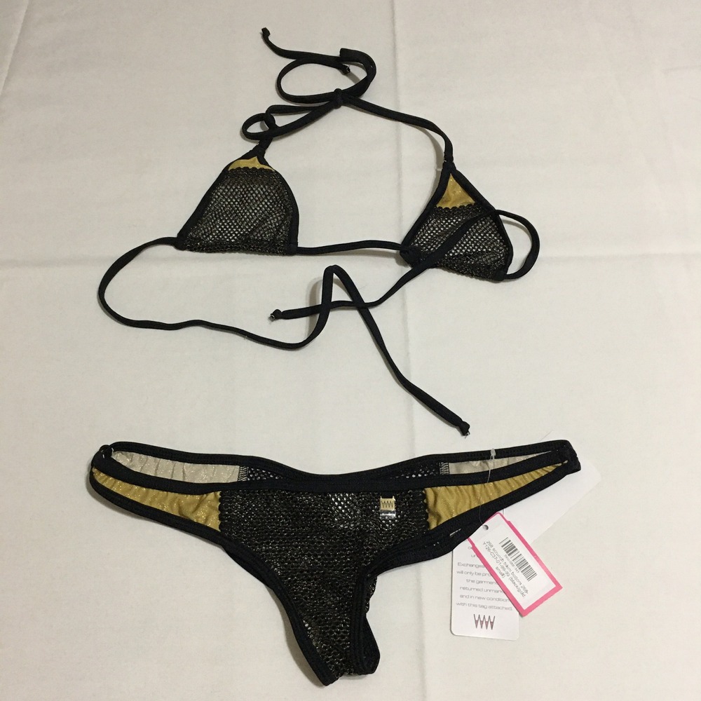 Wicked Weasel Bikini Set Small Scrunch Bottom NWT + Tri Top Gold Mesh Two Pieces
